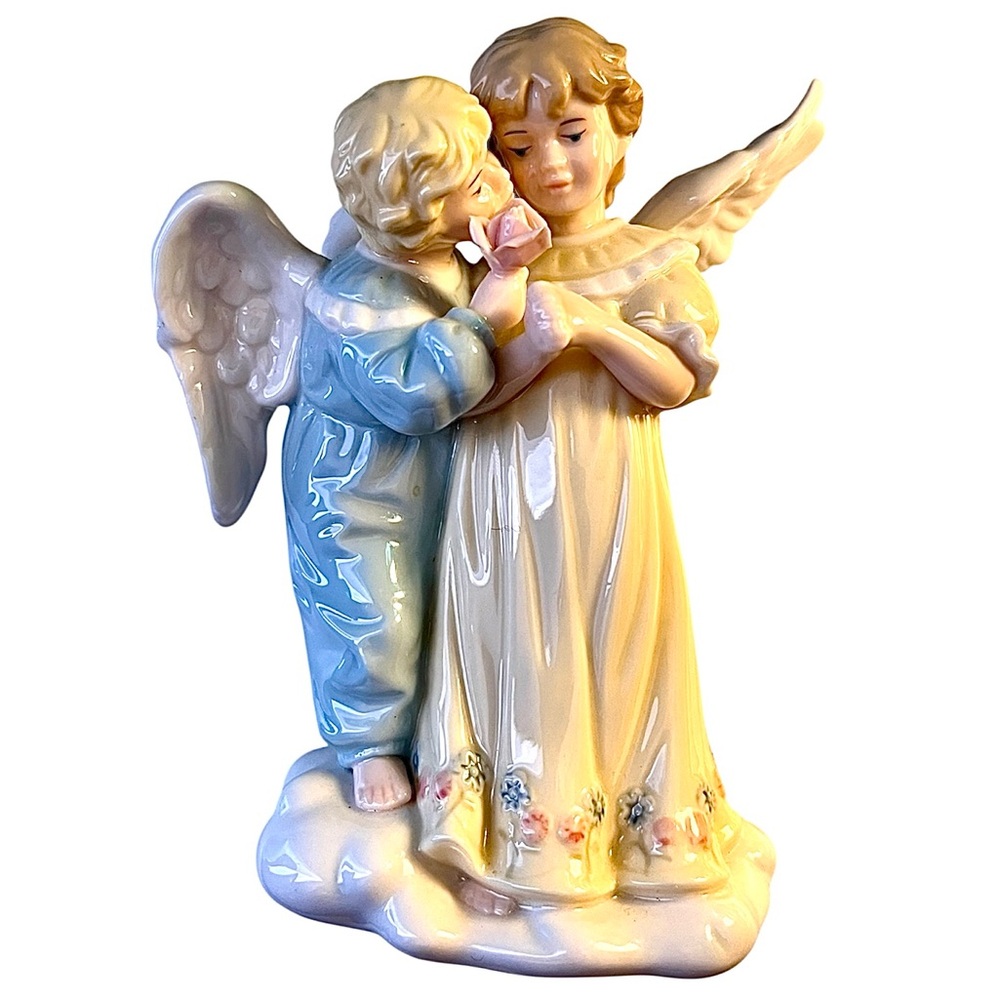 Porcelain Boy and Girl Angels Figurine Vintage Style 6.5 Inch Decor